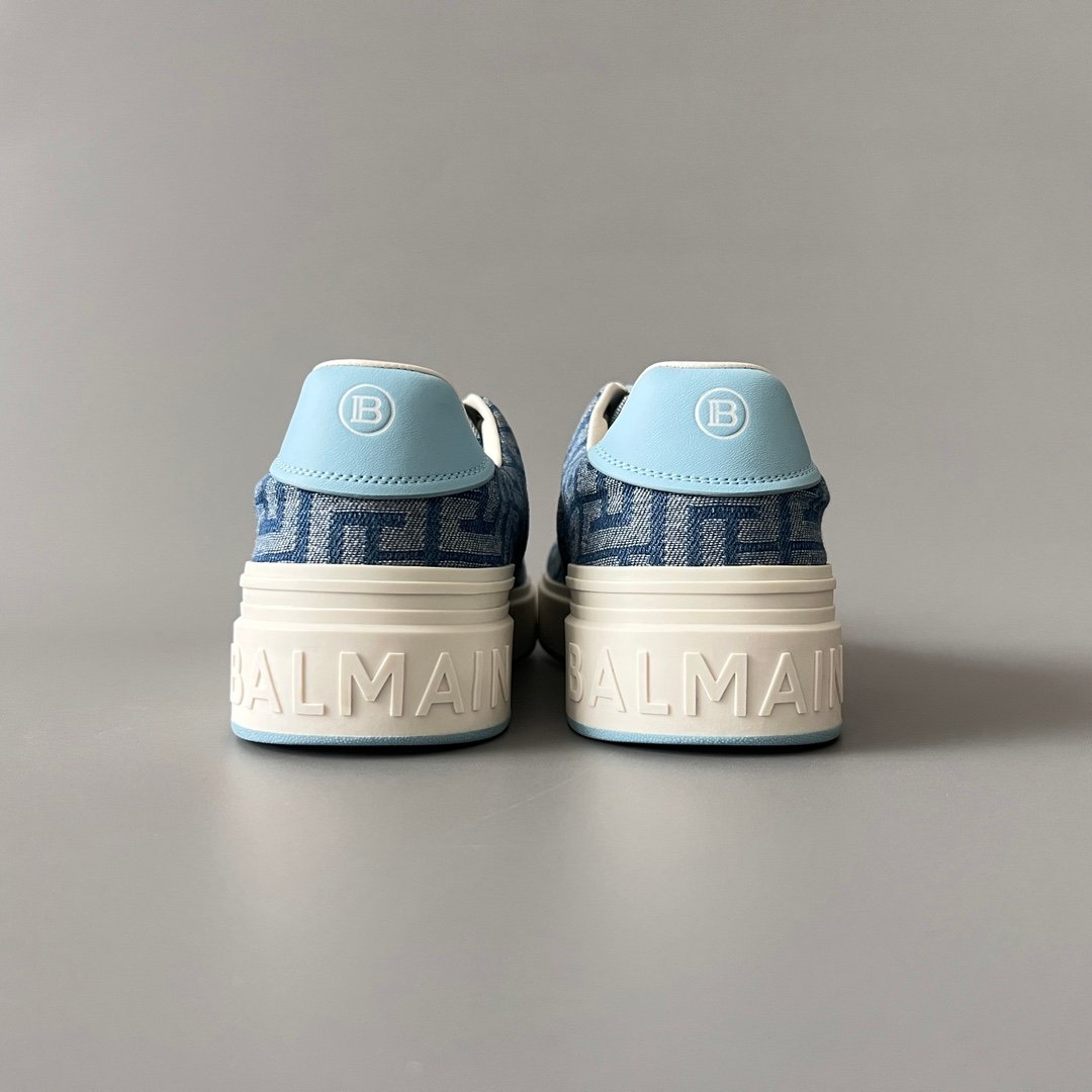 AuroraCustom BALMAIN B-Court Monogram Denim Low-Top Platform Board Shoes (Premium Men's Light Blue Woven Jacquard Light Blue Accent Dual-Tone TPU Outsole Luxury Edition) - Image 5