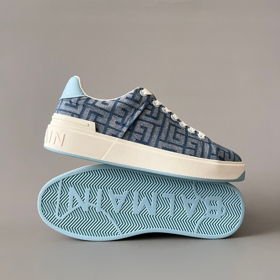 AuroraCustom BALMAIN B-Court Monogram Denim Low-Top Platform Board Shoes (Premium Men's Light Blue Woven Jacquard Light Blue Accent Dual-Tone TPU Outsole Luxury Edition) - Image 6