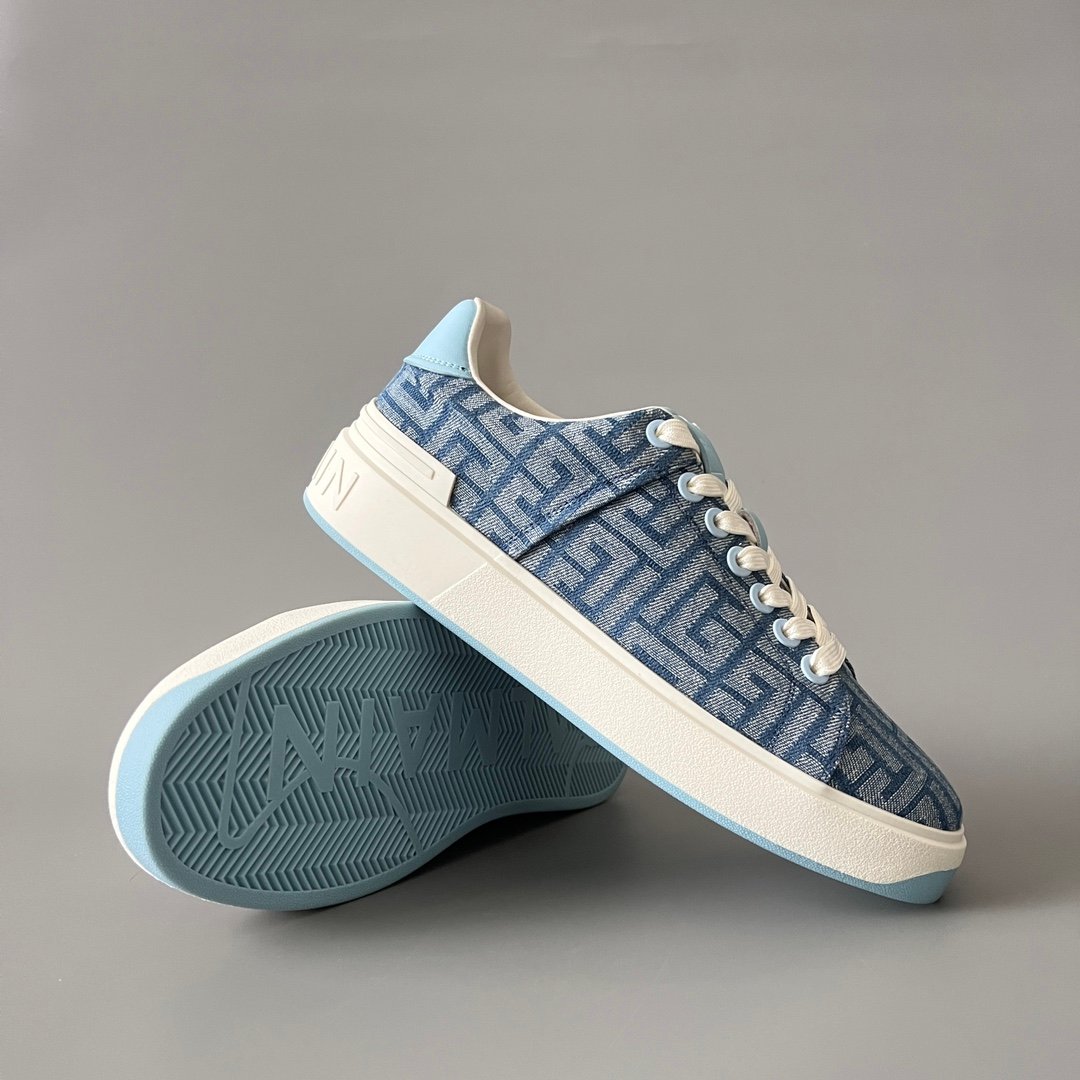 AuroraCustom BALMAIN B-Court Monogram Denim Low-Top Platform Board Shoes (Premium Men's Light Blue Woven Jacquard Light Blue Accent Dual-Tone TPU Outsole Luxury Edition) - Image 7