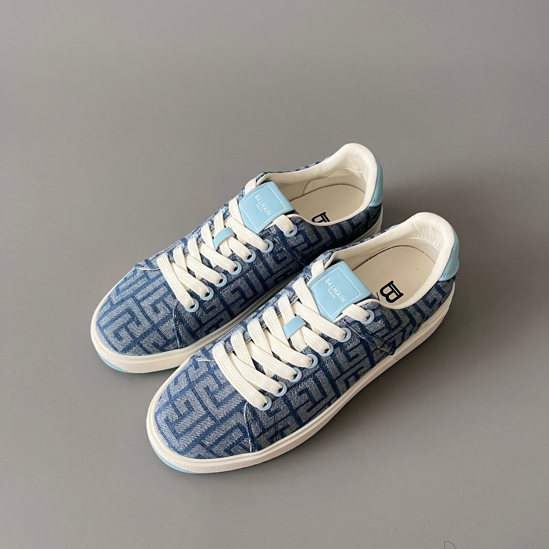 AuroraCustom BALMAIN B-Court Monogram Denim Low-Top Platform Board Shoes (Premium Men's Light Blue Woven Jacquard Light Blue Accent Dual-Tone TPU Outsole Luxury Edition) - Image 8