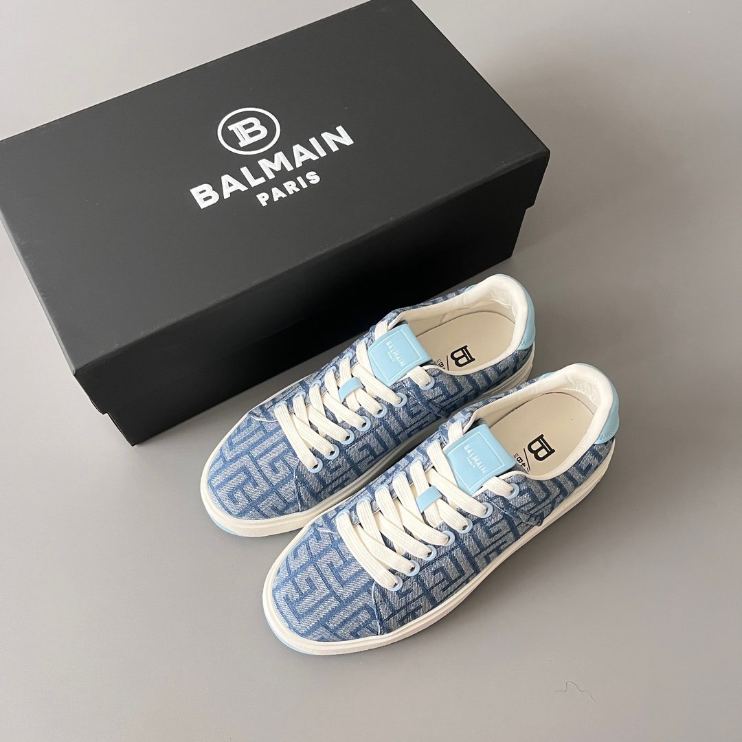 AuroraCustom BALMAIN B-Court Monogram Denim Low-Top Platform Board Shoes (Premium Men's Light Blue Woven Jacquard Light Blue Accent Dual-Tone TPU Outsole Luxury Edition) - Image 9