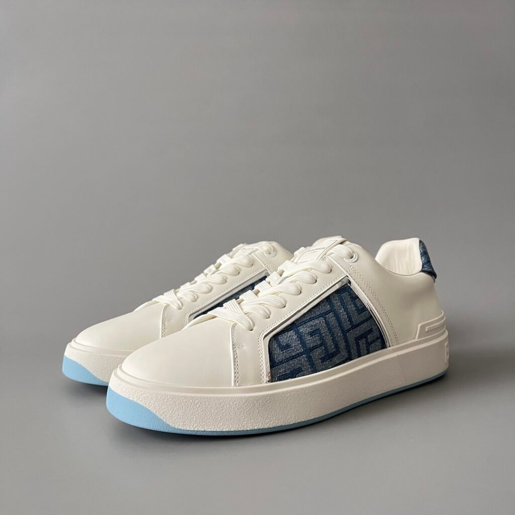 AuroraCustom BALMAIN B-Court Monogram Denim Low-Top Platform Board Shoes (Premium Men's Off-White Calfskin & Blue Jacquard Dual-Tone TPU Outsole Luxury Edition)