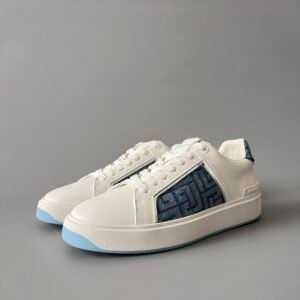 AuroraCustom BALMAIN B-Court Monogram Denim Low-Top Platform Board Shoes (Premium Men's Off-White Calfskin & Blue Jacquard Dual-Tone TPU Outsole Luxury Edition)