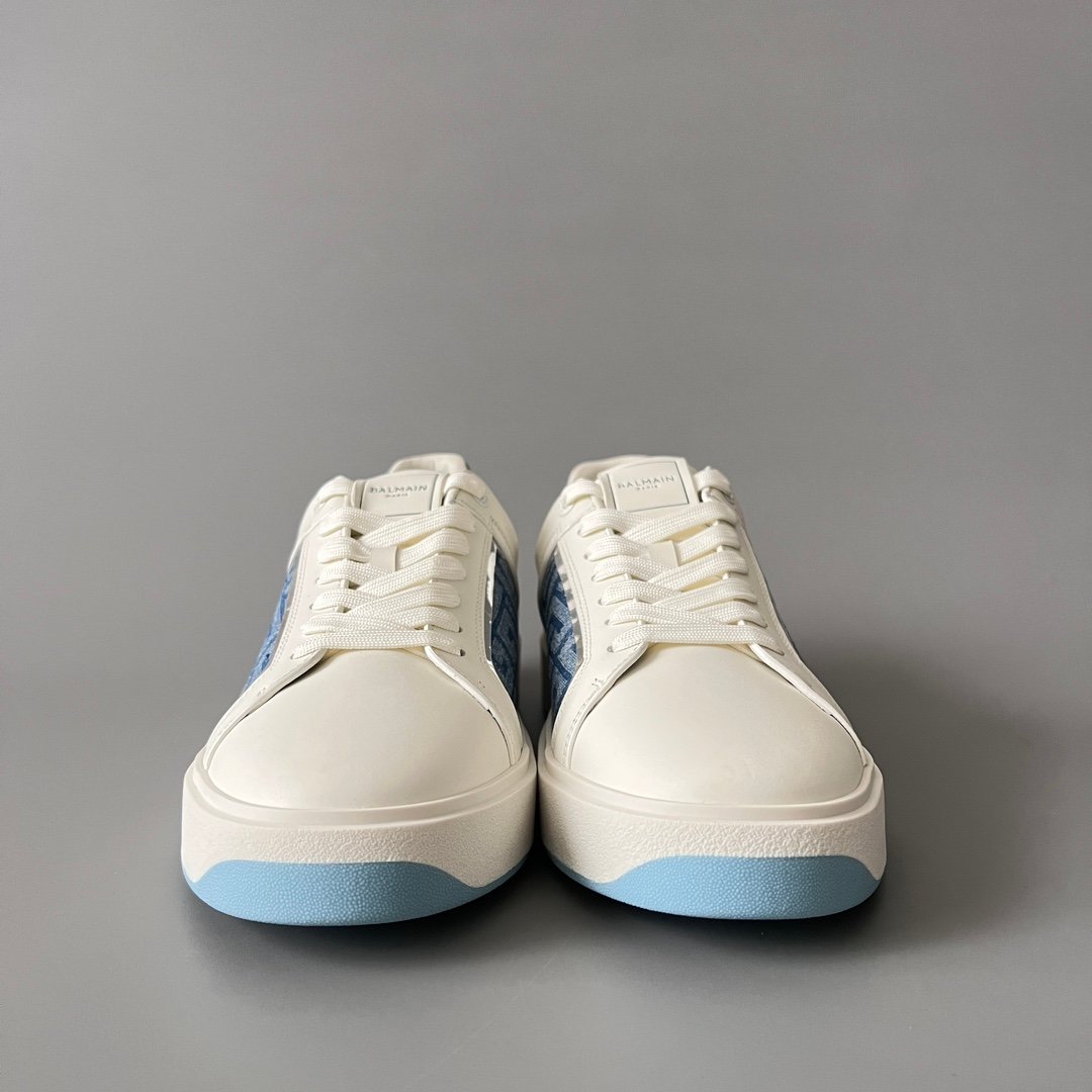 AuroraCustom BALMAIN B-Court Monogram Denim Low-Top Platform Board Shoes (Premium Men's Off-White Calfskin & Blue Jacquard Dual-Tone TPU Outsole Luxury Edition) - Image 2