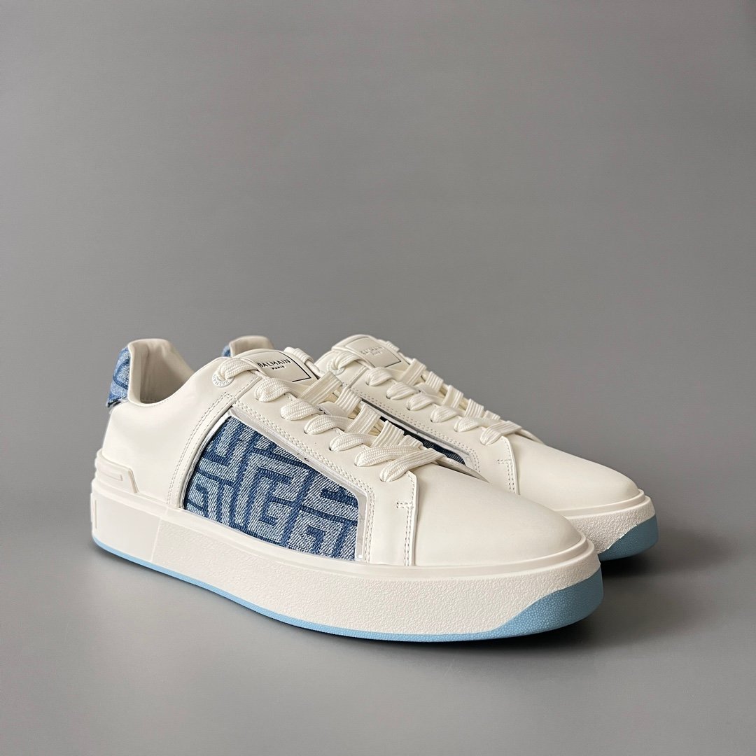 AuroraCustom BALMAIN B-Court Monogram Denim Low-Top Platform Board Shoes (Premium Men's Off-White Calfskin & Blue Jacquard Dual-Tone TPU Outsole Luxury Edition) - Image 3