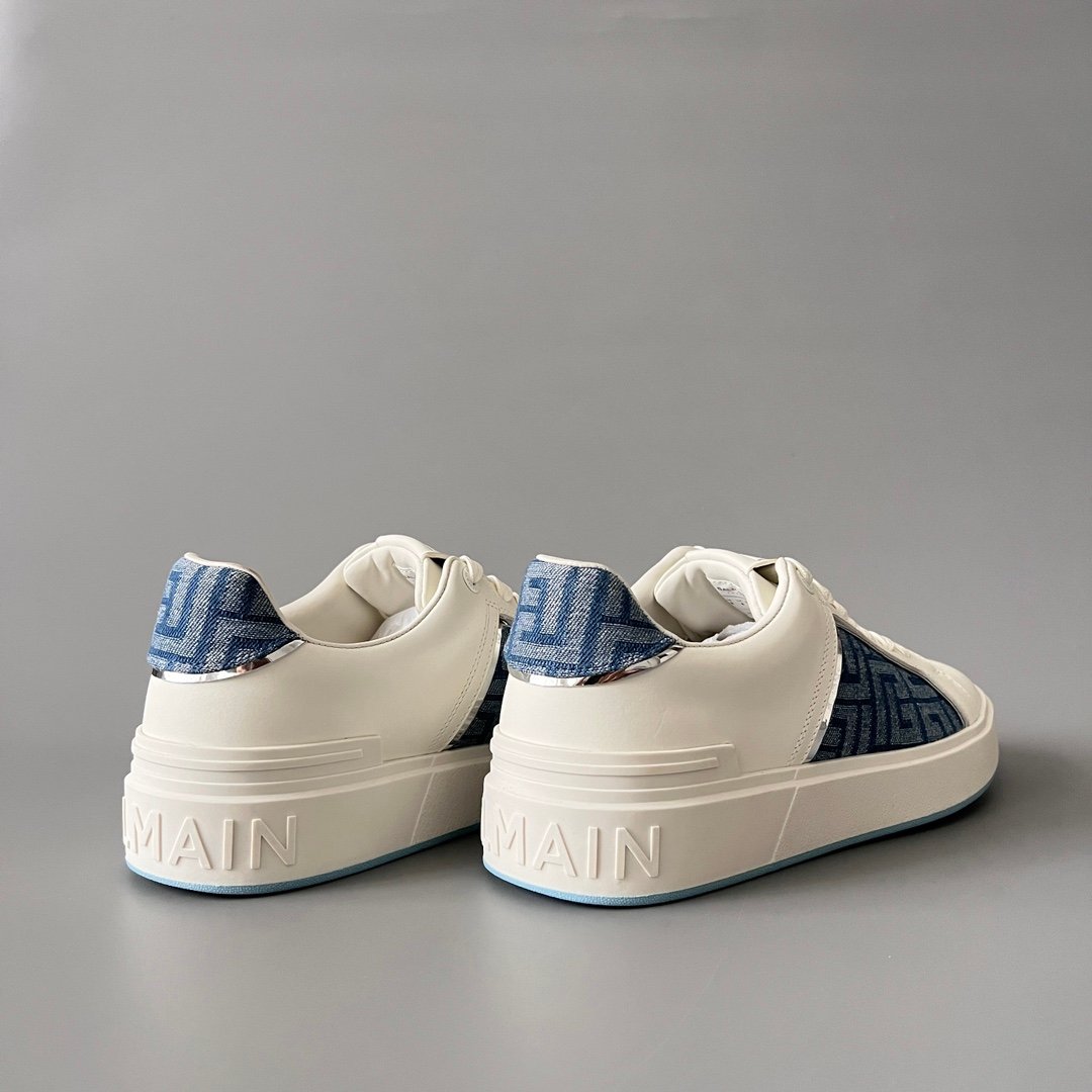 AuroraCustom BALMAIN B-Court Monogram Denim Low-Top Platform Board Shoes (Premium Men's Off-White Calfskin & Blue Jacquard Dual-Tone TPU Outsole Luxury Edition) - Image 4