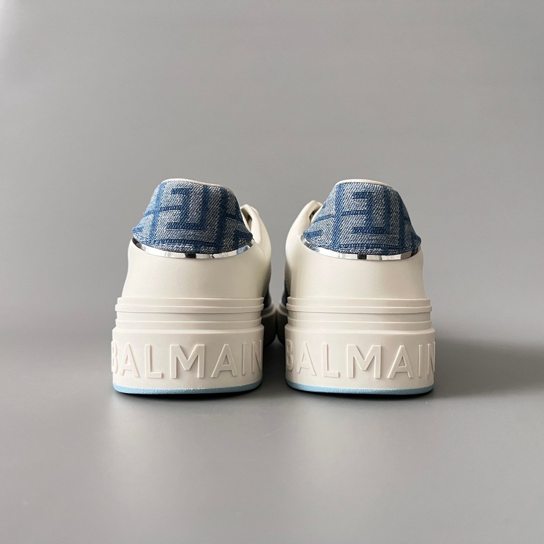 AuroraCustom BALMAIN B-Court Monogram Denim Low-Top Platform Board Shoes (Premium Men's Off-White Calfskin & Blue Jacquard Dual-Tone TPU Outsole Luxury Edition) - Image 5