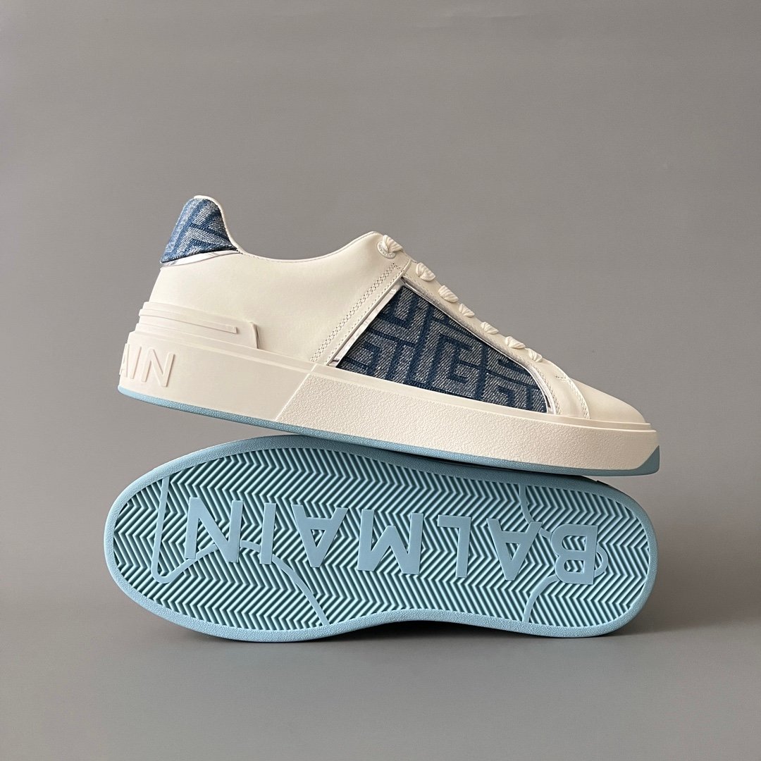 AuroraCustom BALMAIN B-Court Monogram Denim Low-Top Platform Board Shoes (Premium Men's Off-White Calfskin & Blue Jacquard Dual-Tone TPU Outsole Luxury Edition) - Image 6