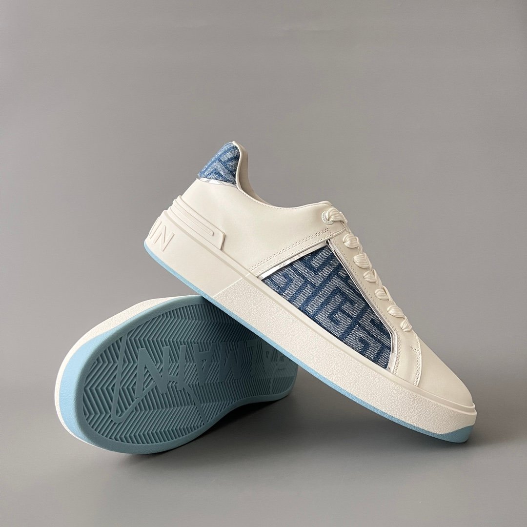 AuroraCustom BALMAIN B-Court Monogram Denim Low-Top Platform Board Shoes (Premium Men's Off-White Calfskin & Blue Jacquard Dual-Tone TPU Outsole Luxury Edition) - Image 7