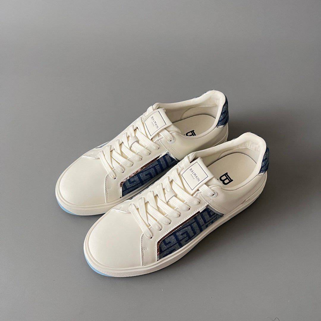 AuroraCustom BALMAIN B-Court Monogram Denim Low-Top Platform Board Shoes (Premium Men's Off-White Calfskin & Blue Jacquard Dual-Tone TPU Outsole Luxury Edition) - Image 8
