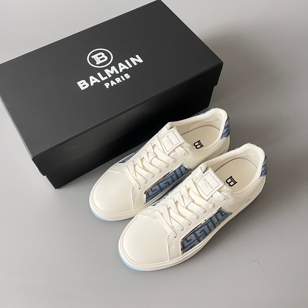 AuroraCustom BALMAIN B-Court Monogram Denim Low-Top Platform Board Shoes (Premium Men's Off-White Calfskin & Blue Jacquard Dual-Tone TPU Outsole Luxury Edition) - Image 9