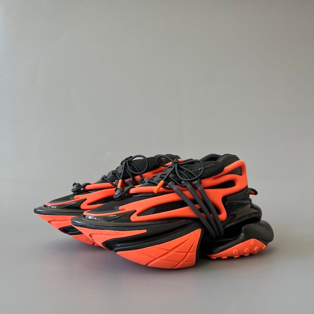 AuroraCustom BALMAIN Unicorn Black & Orange Low-Top Platform Sneakers (Premium Men's Injection-Molded Exo-Chassis Layered Foam Hollow Outsole Luxury Edition)