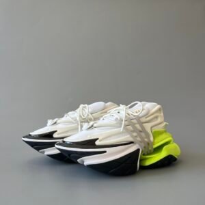 AuroraCustom BALMAIN Unicorn White & Neon Green Low-Top Platform Sneakers (Premium Men's Injection-Molded Exo-Chassis Layered Foam Hollow Outsole Luxury Edition)