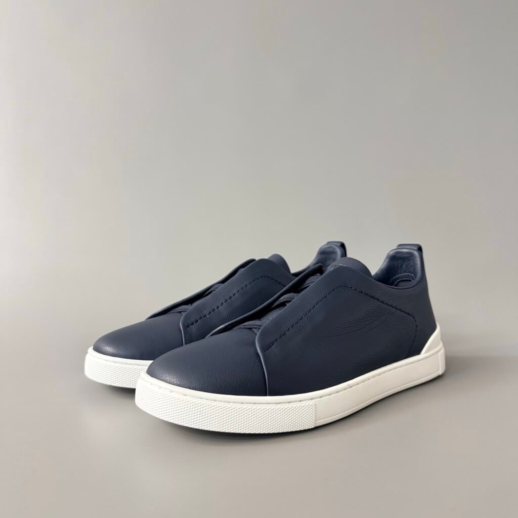 AuroraCustom ZEGNA Triple Stitch Grained Calfskin Slip-On Sneakers (Men's Navy Blue / White Sole Edition)