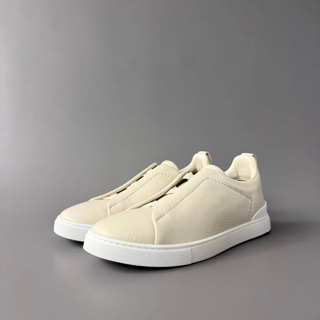 AuroraCustom ZEGNA Triple Stitch Grained Calfskin Slip-On Sneakers (Men's Off-White / Cream White Sole Edition)