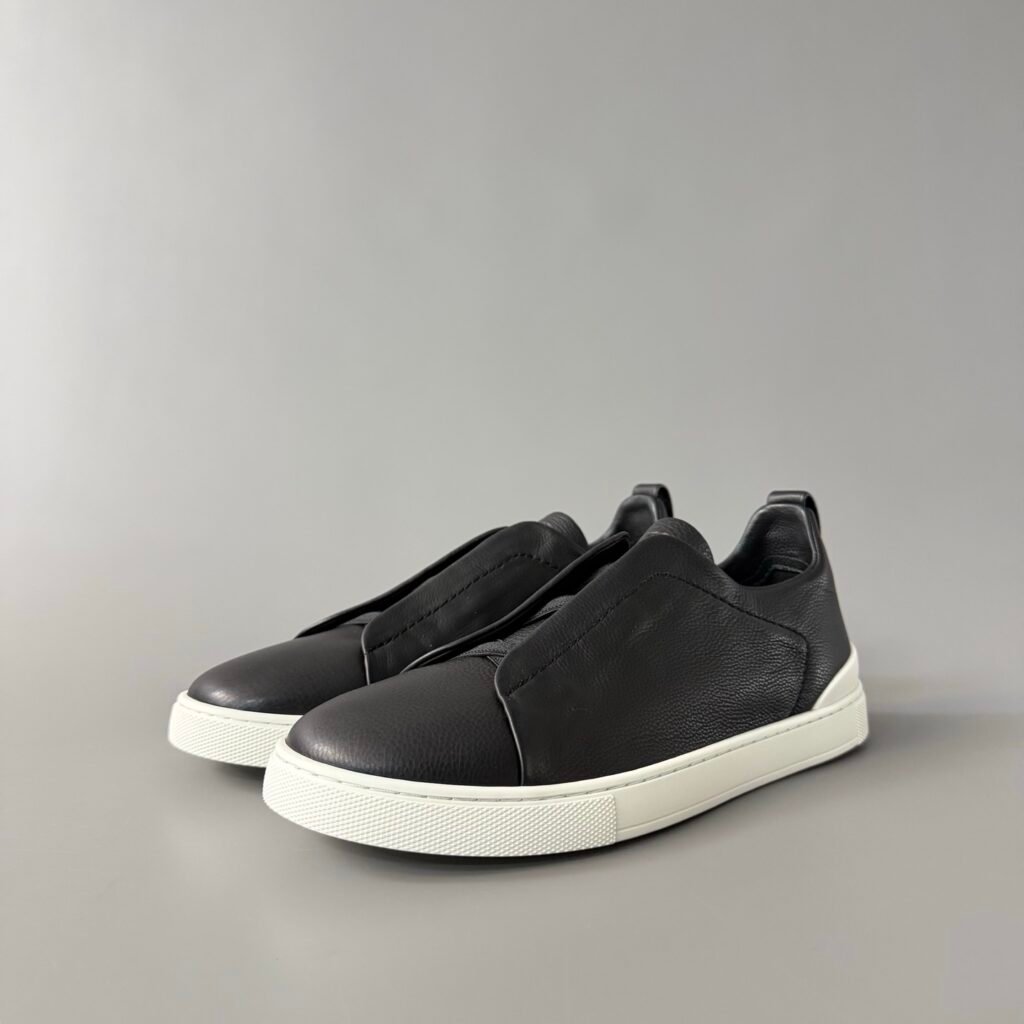 AuroraCustom ZEGNA Triple Stitch Grained Calfskin Slip-On Sneakers (Men's Black & White Sole Edition)